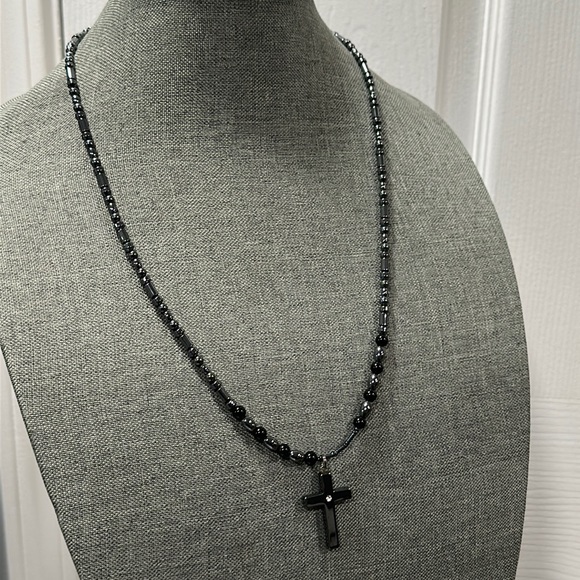 Hematite Slovakian Crystal Cross Pendant Necklace - Picture 3 of 9